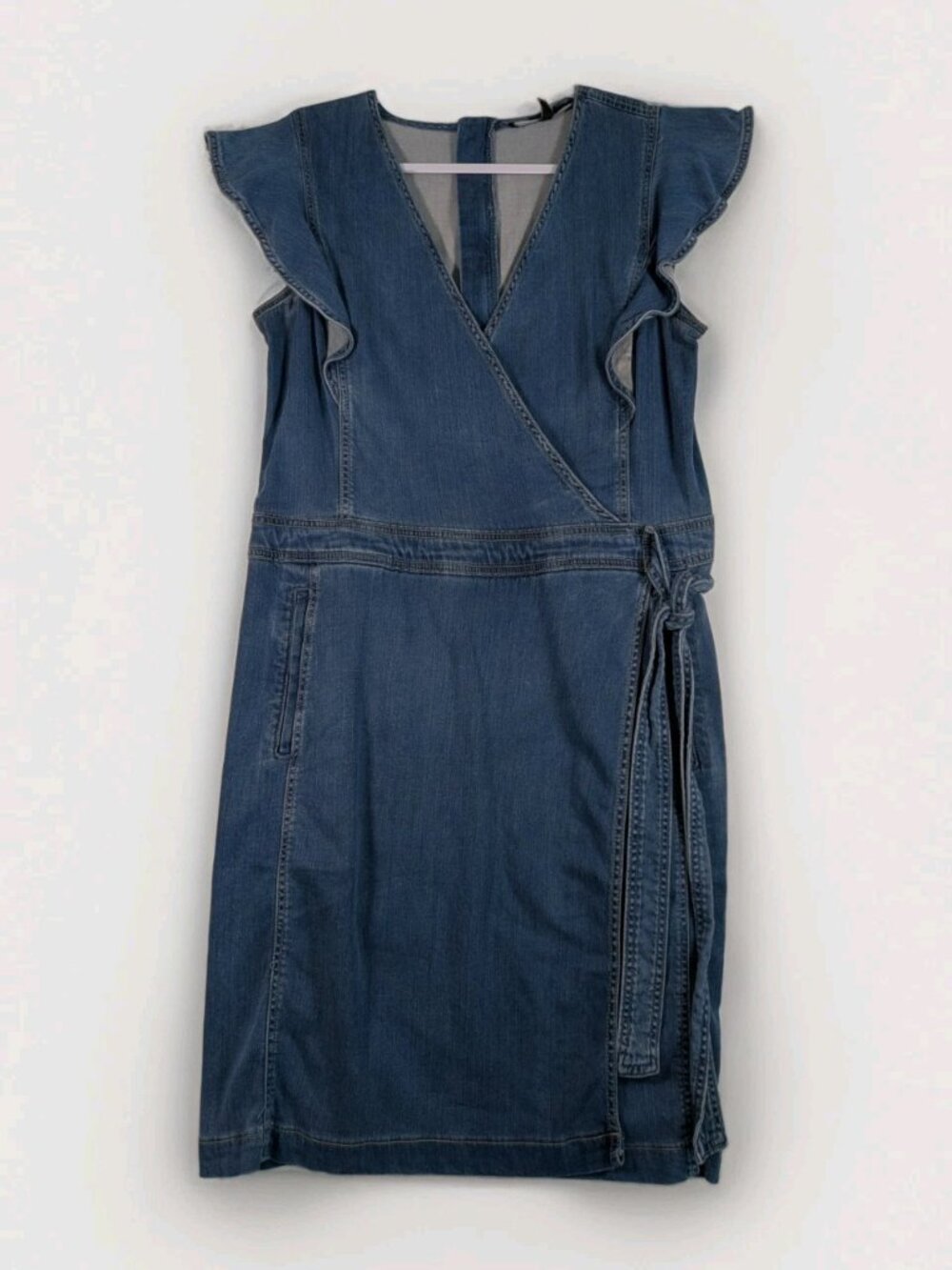 White House Black Market Denim Wrap Dress Ruffle Sleeve Belted Sz 14